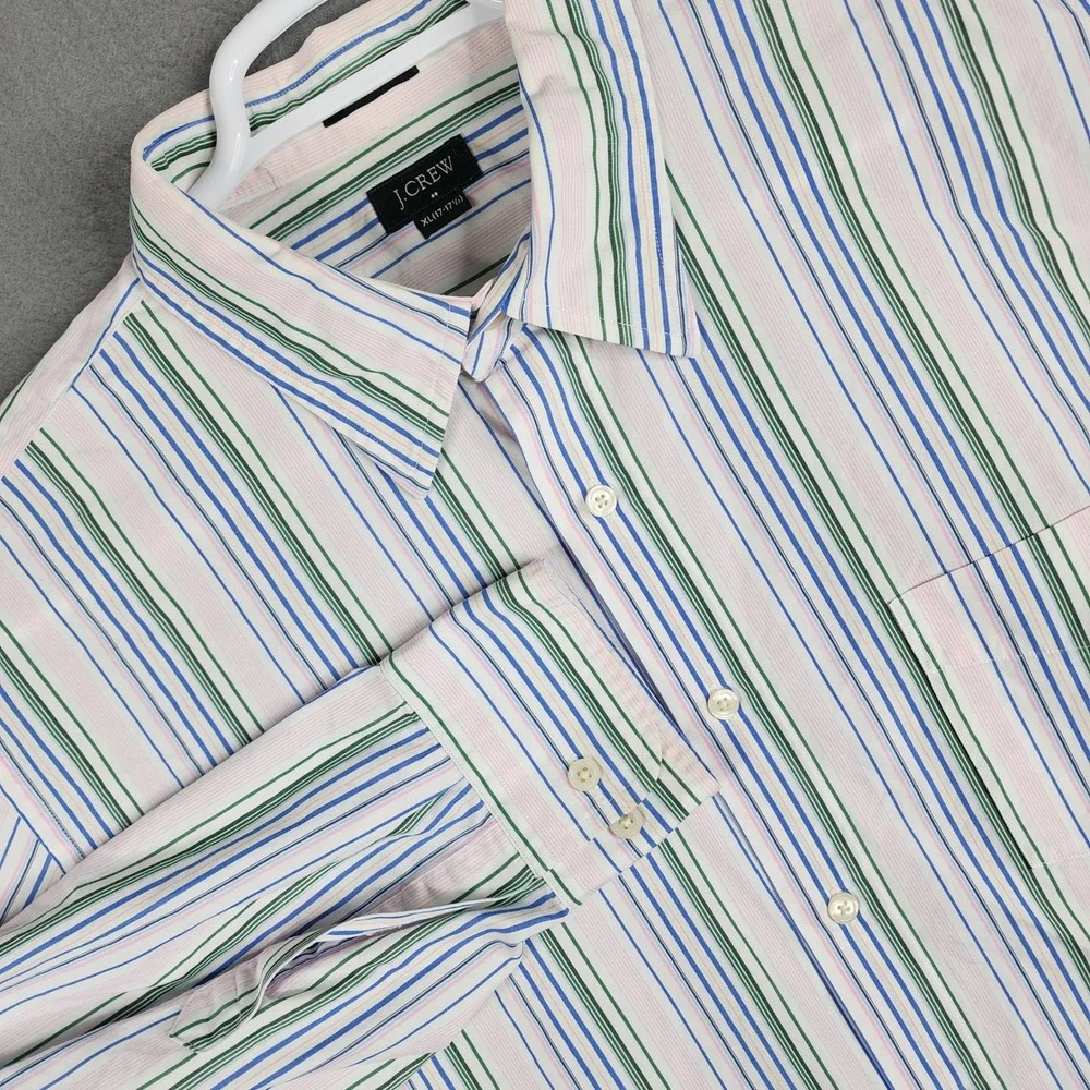 J Crew Mens Button Down Dress Shirt Pink Blue Green Striped Pastel‎ XL 17 17.5